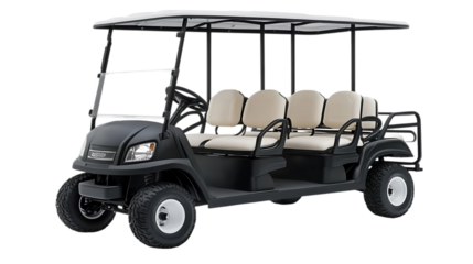 A black golf cart with beige seats, designed for leisure transportation.