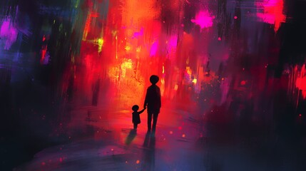Silhouette of Parent and Child Walking Through a Vibrant, Abstract Cityscape at Night