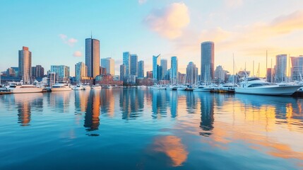 Naklejka premium City Harbor with Yachts and Skyscrapers at Sunset