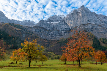 Colorful autumn landscape at Großer Ahornboden in the Karwendel Mountains, Austria – forest with fall foliage, rocky peaks and dramatic sky