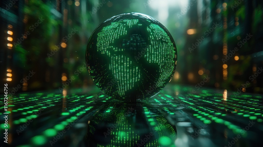 Fototapete Futuristic Digital Globe with Cascading Green Binary Code Representing Global Connectivity and Technology