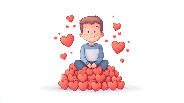 boy sitting on pile of red hearts, surrounded by floating hearts, expresses joy and love. This minimalistic illustration captures playful and cheerful atmosphere