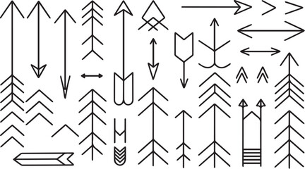 Hand-drawn curved doodle chalk arrows collection, vector. Straight long arrows pointing to the right. Vector black thick, thin and dashed line arrow glyphs with bold arrowheads.Arrows. Black signs.