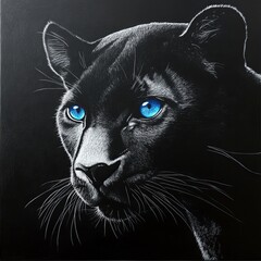 Striking close-up of a black panther with piercing blue eyes, showcasing its sleek fur and intense gaze. Perfect for wildlife, predator, and exotic animal-themed content.