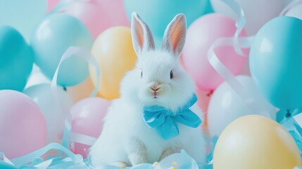 Cute White Bunny Surrounded by Colorful Balloons and Decorations