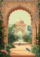 Mughal Architecture Courtyard with Peacock and Floral Patterns in Lush Garden
