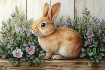 A cute rabbit surrounded by vibrant flowers, showcasing nature's beauty.