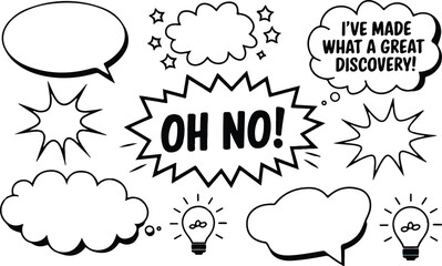 The retro comic speech bubbles collection with black halftone shadows showcased a vintage pop art design. Perfect vector set for isolated text and creative projects on a white background