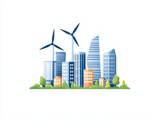 Sustainable city skyline with wind turbines and modern buildings, showcasing eco friendly architecture and greenery. vibrant representation of urban development and renewable energy