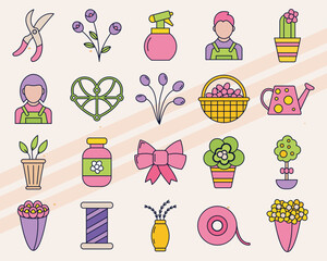 Vector icons related to floristics including flowers bouquets and floral arrangements