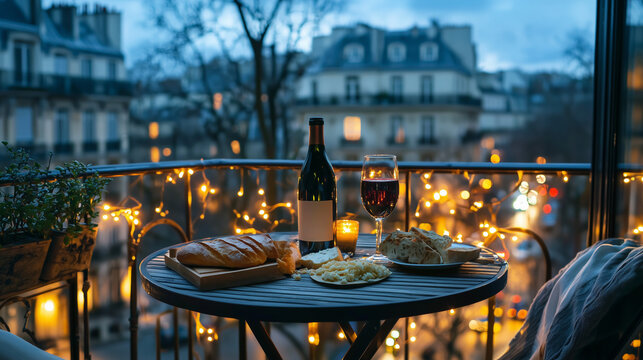 A small table set for two on a Parisian balcony, featuring a bottle of wine, a baguette, and cheese, overlooking the sparkling city lights, creating a romantic and charming Parisian evening scene.