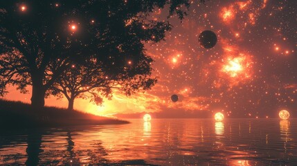 Celestial Sunset: A Serene Lakeside Dreamscape