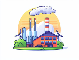 colorful illustration of factory with smokestacks and wind turbines, set against bright background. scene conveys blend of industrial and renewable energy elements