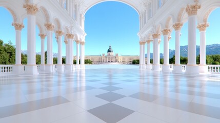 Obraz premium Spacious architectural interior with columns and a distant building view.