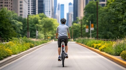 Naklejka premium Cyclist Riding Through Vibrant Urban Bike Path During Rush Hour