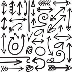 Arrow set of hand-drawn black grunge arrows, featuring various styles like curved, straight, and looped, isolated on a white background. Perfect for creative and graphic design projects.