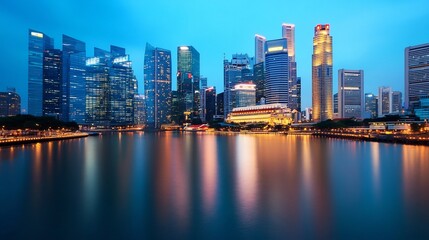 Fototapeta premium Majestic Cityscape Reflected in Serene River at Dusk