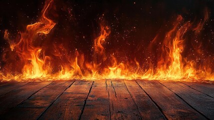 Flames on Rustic Wooden Table with Warm Glowing Light and Smoke on Dark Background