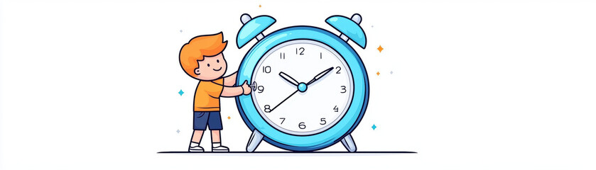 cheerful child interacts with large blue alarm clock, symbolizing time management and responsibility. playful design captures sense of fun and learning