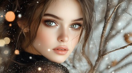 High fashion portrait ethereal model red sparkle makeup snow forest golden hour premium quality Ultra-Realistic, Photo Realistic, highly detailed, 