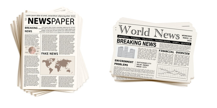 Pile of newspapers on white background. Stack of newspapers. Paper waste. Newspaper header footer. Newspaper border. Vector illustration