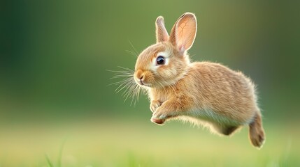 Fototapeta premium Cute easter bunny running in sunset lights on green garden nature background. Egg hunt banner with copy space