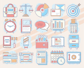 Set of vector icons related to business and office work including briefcases computers and charts