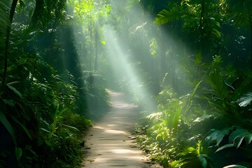 Fototapeta premium A serene forest path illuminated by sunlight through the trees, showcasing nature's beauty.