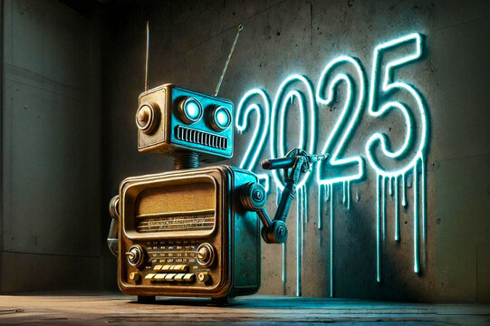 AI generate a robot made from an old vintage style radio, which is carrying out the activity of carving the words 2025 from the neon lights on the wall