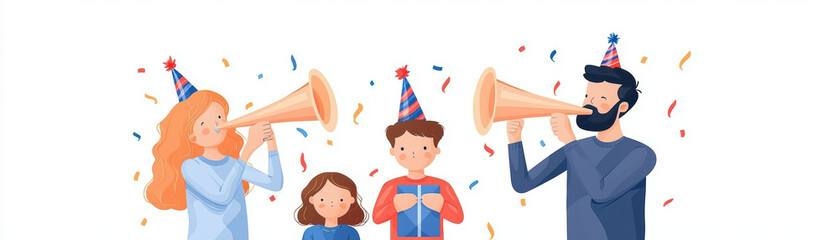 Celebration with family, kids, and party hats, enjoying festive moments