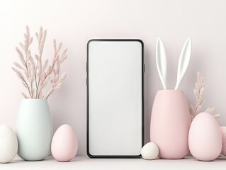 Fototapeta premium Mockup smartphone screen, cute easter bunny ears, colorful eggs on pastel pink background with copy space. Happy Easter promotional sale or discount banner.