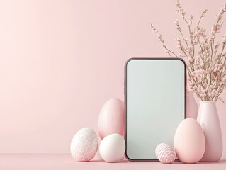 Mockup smartphone screen, colorful eggs on pastel pink, background with copy space. Happy Easter promotional sale or discount banner.