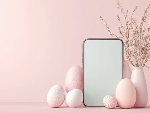 Mockup smartphone screen, colorful eggs on pastel pink, background with copy space. Happy Easter promotional sale or discount banner.