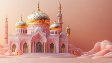Pink Mosque Architectural Render Peaceful Serenity Golden Domes Islamic Building Design