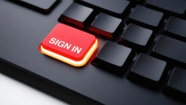 Closeup "sign in" on keyboard button. A close-up of a black keyboard featuring a prominent red "SIGN IN" button, emphasizing digital access and user engagement.