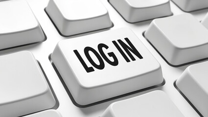 Closeup "sign in" on keyboard button. A close-up of a computer keyboard key displaying the text "LOG IN," symbolizing digital access and user authentication.