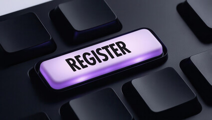 Closeup "Register" on keyboard button. A close-up of a computer keyboard featuring a highlighted "REGISTER" key, emphasizing online registration or sign-up actions.