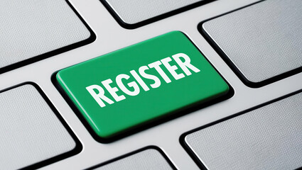 Closeup "Register" on keyboard button. A close-up of a green "REGISTER" key on a computer keyboard, emphasizing online registration and digital interaction.