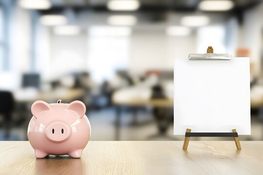 Pink piggy bank on a wooden table beside a blank white canvas in a modern office setting, representing savings, financial planning, and investment strategies in a professional environment.
