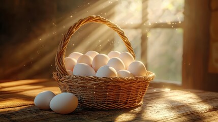 Rustic Still Life: A Basket of Fresh Eggs Bathed in Golden Sunlight