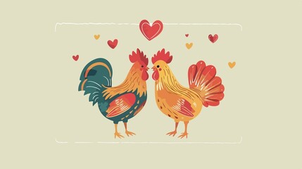 Charming Cartoon Rooster and Hen Chicken Vector Illustration