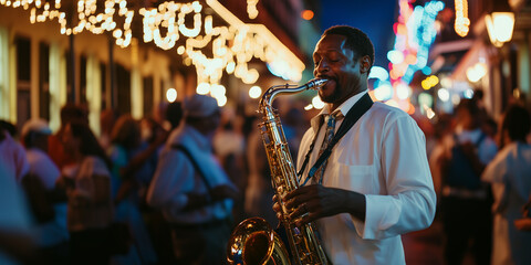 Saxophone player, sax musician in a street at night, inspired New Orleans jazz band,  live music and parade - imagined by AI not the actual event