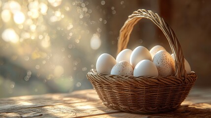 A Basket Full of Fresh Farm Eggs in Golden Sunlight