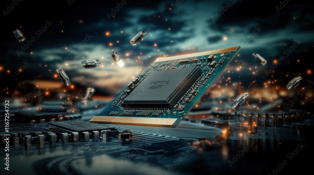 Poster Futuristic Computer Chip Surrounded by Electronic Components and Glowing Particles in a Dynamic Technology Environment
