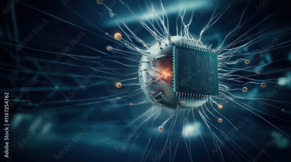 Aufkleber Futuristic Digital Chip Surrounded by Radiating Energy and Data Streams in a High-Tech Environment for Innovative Technology Concepts
