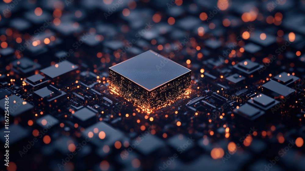Poster Abstract representation of a computer chip surrounded by glowing circuitry and intricate patterns, showcasing technology, innovation, and digital advancement in a modern world