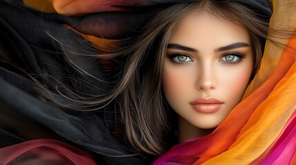 Artistic portrait series elegant woman flowing fabrics abstract background rim lighting emotional Ultra-Realistic Photo Realistic highly detailed 