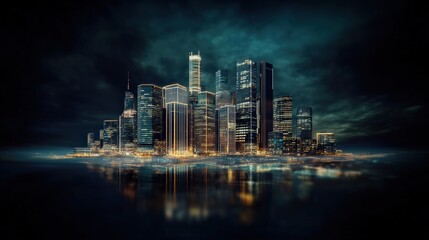 Fototapeta premium Stunning Nighttime Cityscape with Illuminated Skyscrapers Reflecting on Calm Water, Evoking a Sense of Urban Sophistication and Modern Architecture