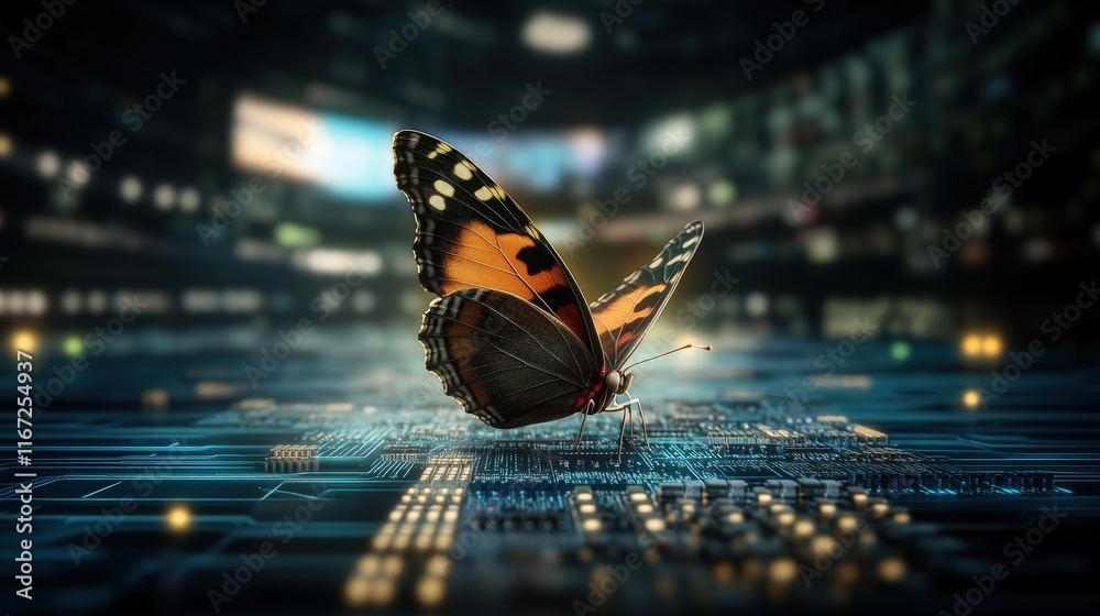 Poster Butterfly on Circuit Board Representing Transformation and Innovation in Technology with Nature's Beauty and Digital Progress in a Futuristic Setting