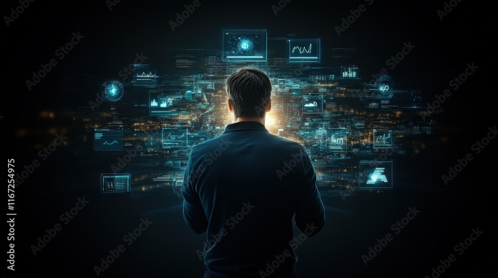 Poster Person Observing Data Visualizations and Digital Interfaces Against a Dark Background, Representing Technology, Analysis, and Innovation in Modern Data Science
